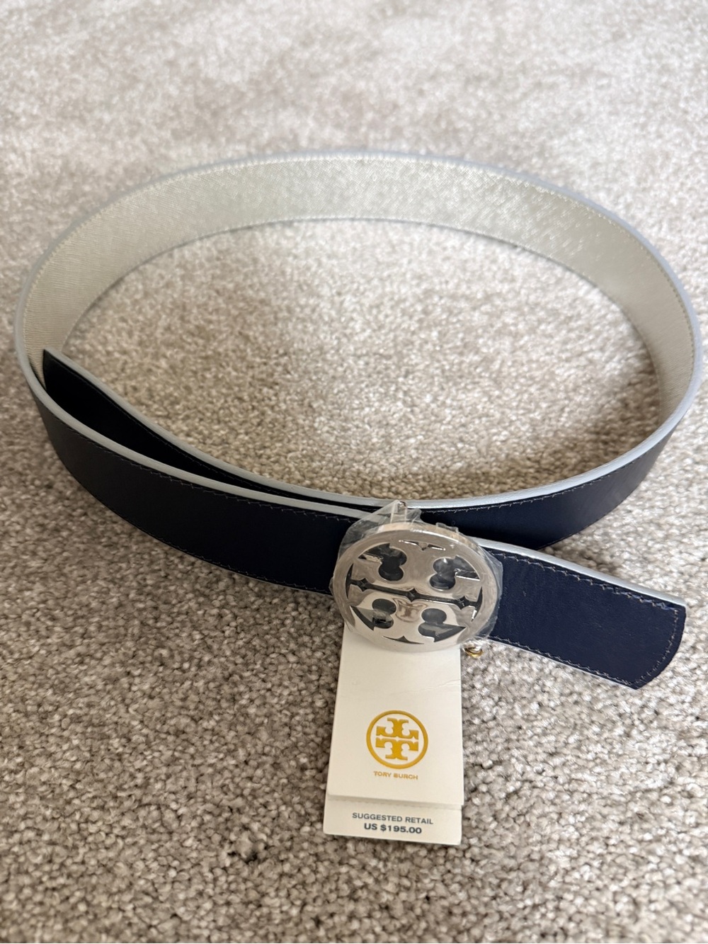 Tory Burch Navy and Silver Leather Reversible Belt with Silver Logo Buckle